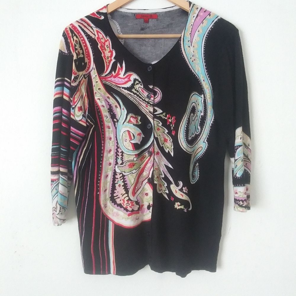 Joni B. Womens Y2K Artsy Cardigan Sweater, Size Large Black Multicolored Paisley